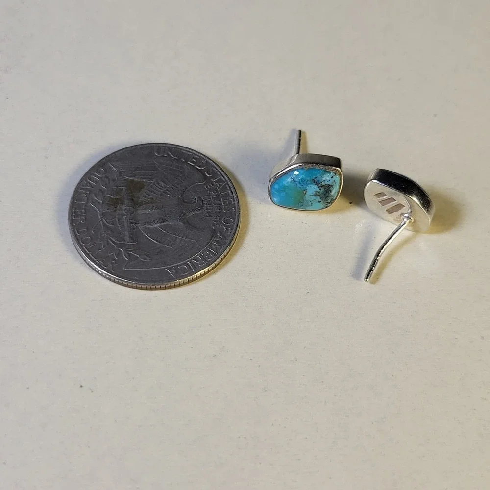 925 Sterling Silver Turquoise Bezel Stud Earrings Vintage Blue Marked